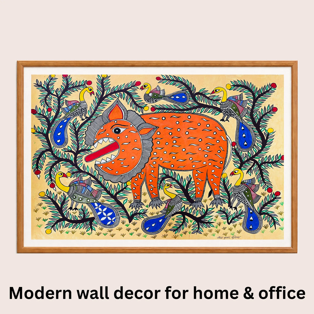 Lion and Birds Madhubani art in modern home decor