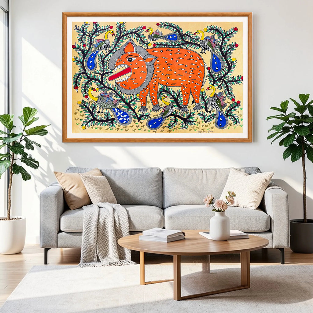 Lion and Birds artwork above sofa
