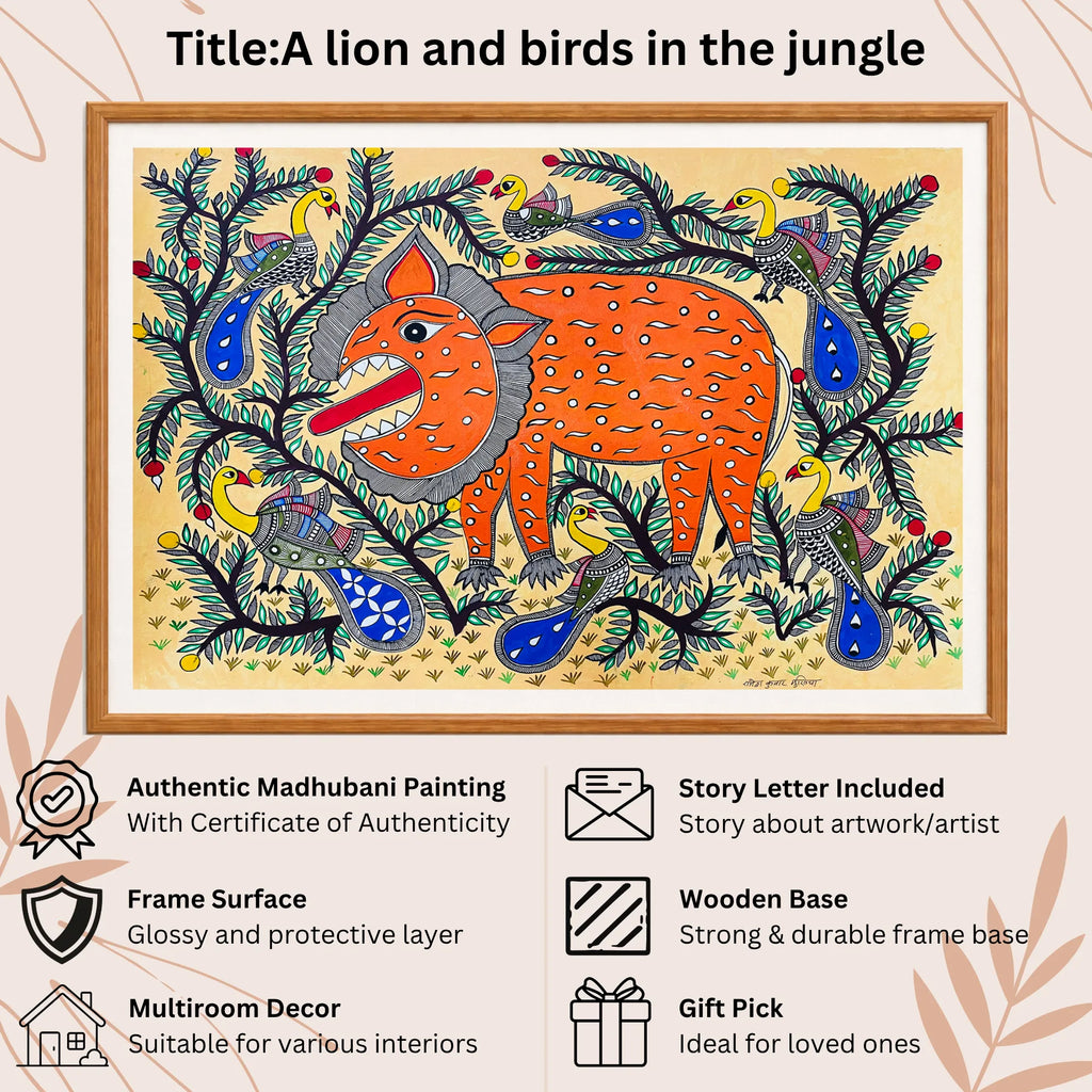 Lion and Birds handmade painting authenticity certificate