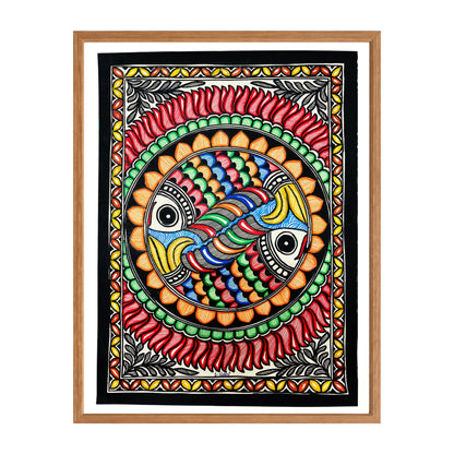 Madhubani painting Pair of Fish, handmade Mithila art wall decor, size 15 x 11 inch
