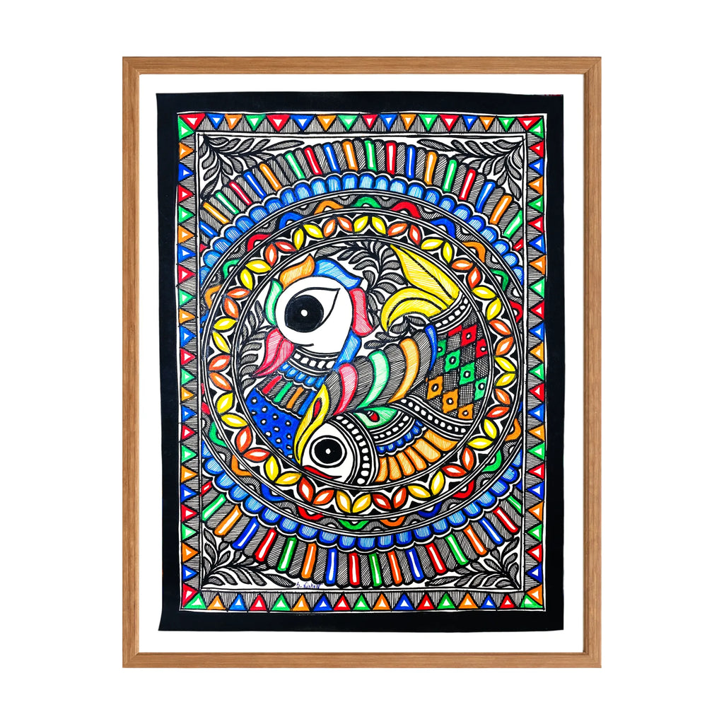 Madhubani painting Peacock and Fish, handmade Mithila art wall decor, size 15 x 11 inch
