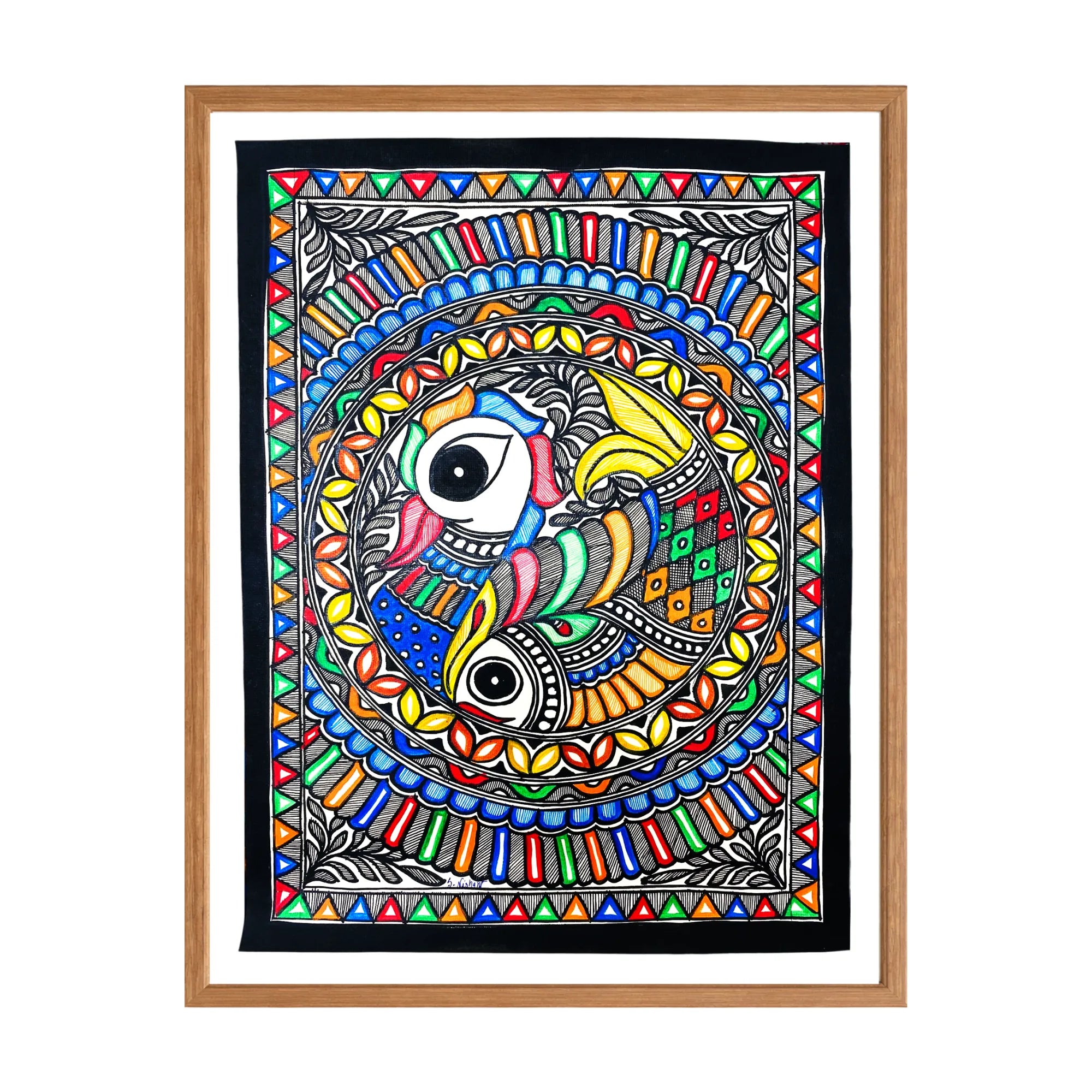 Madhubani painting Peacock and Fish, handmade Mithila art wall decor, size 15 x 11 inch