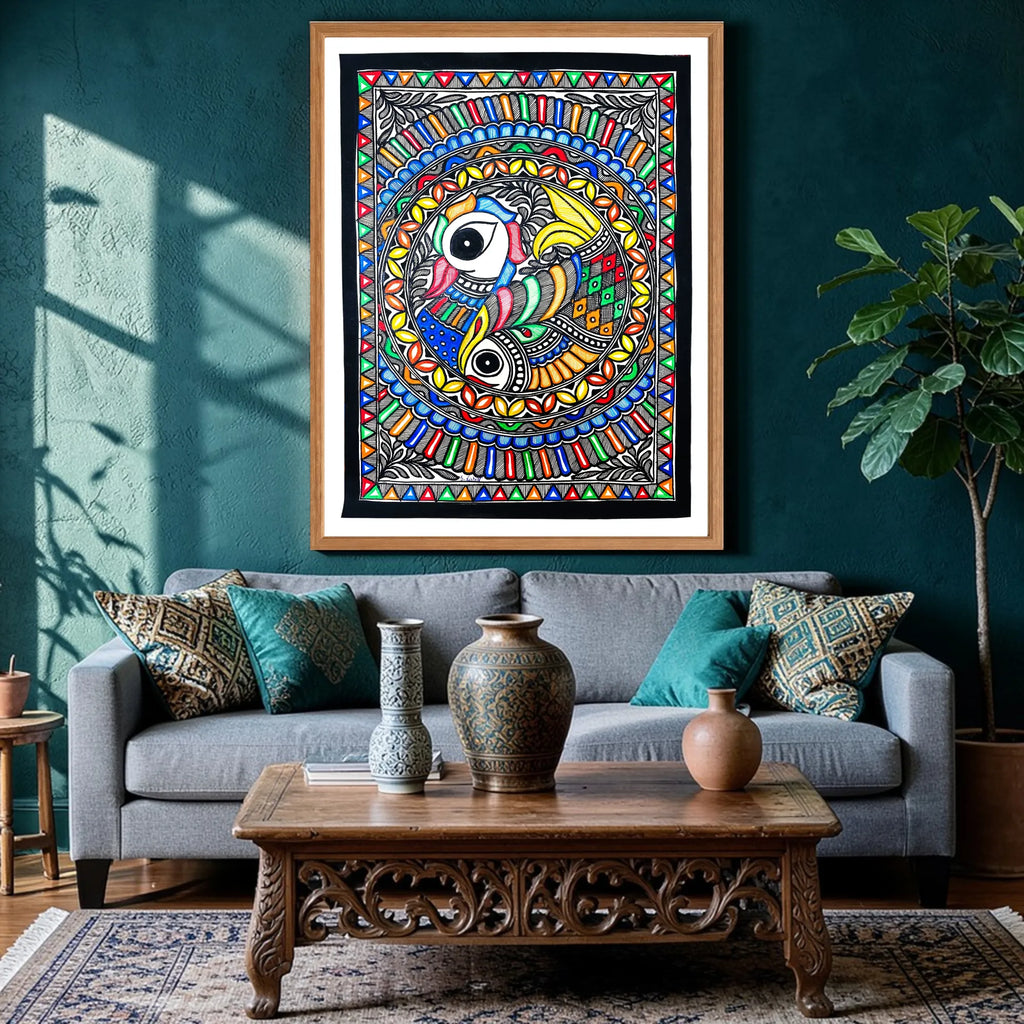 Peacock and Fish artwork above sofa