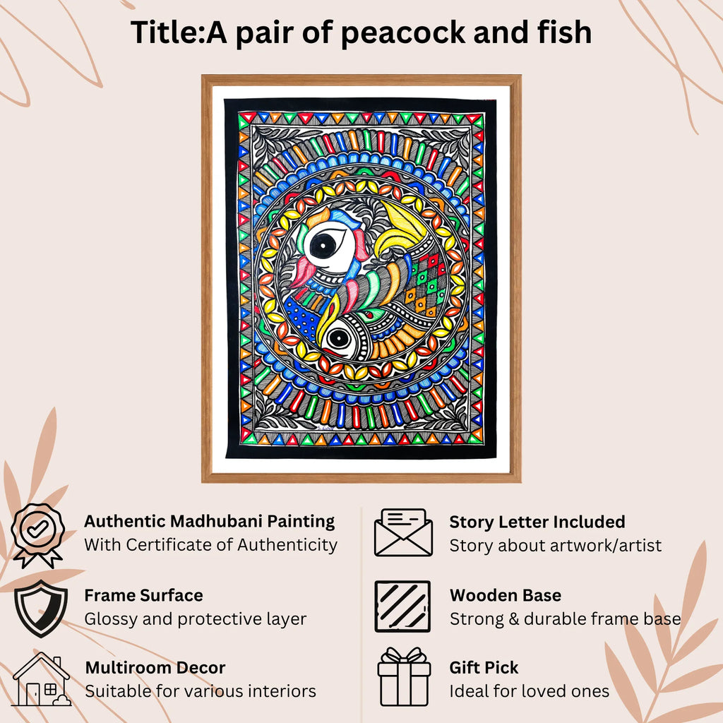 Peacock and Fish handmade painting authenticity certificate