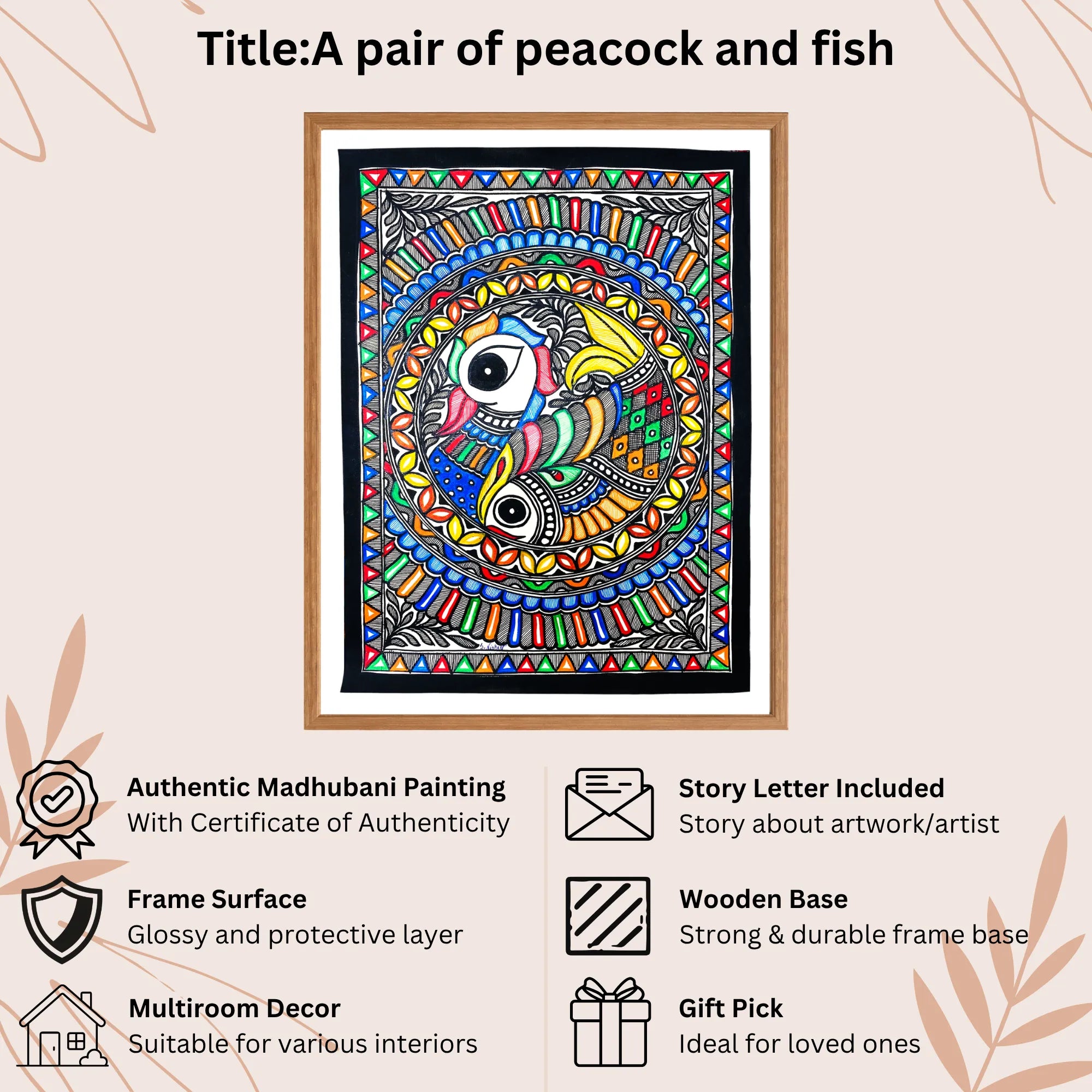 Peacock and Fish handmade painting authenticity certificate