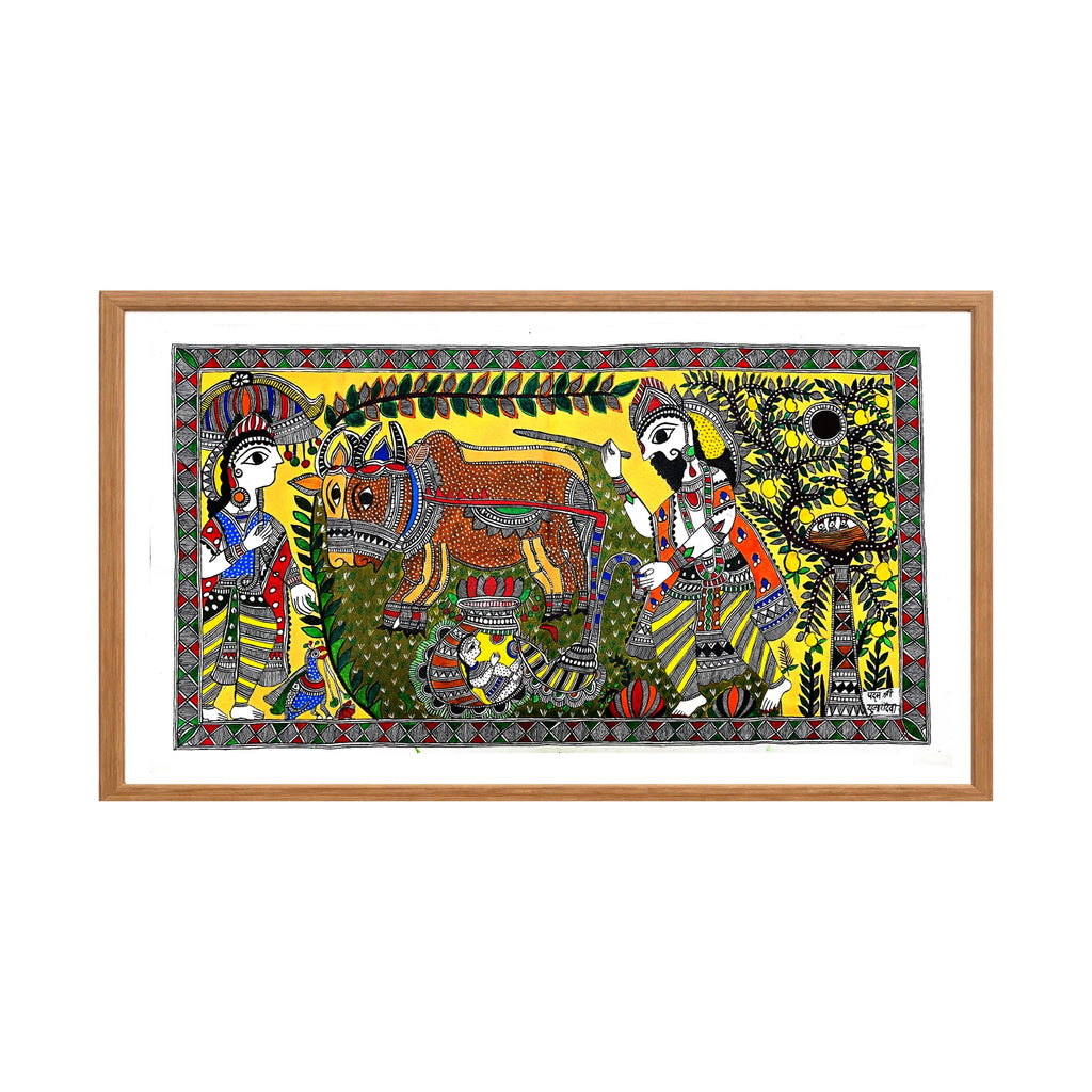 Madhubani painting Birth of Sita, handmade Mithila art wall decor, size 40 x 22 inch