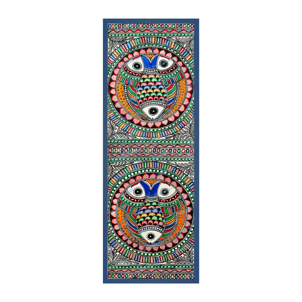Madhubani painting Circular Fishes, handmade Mithila art wall decor, size 30 x 11 inch