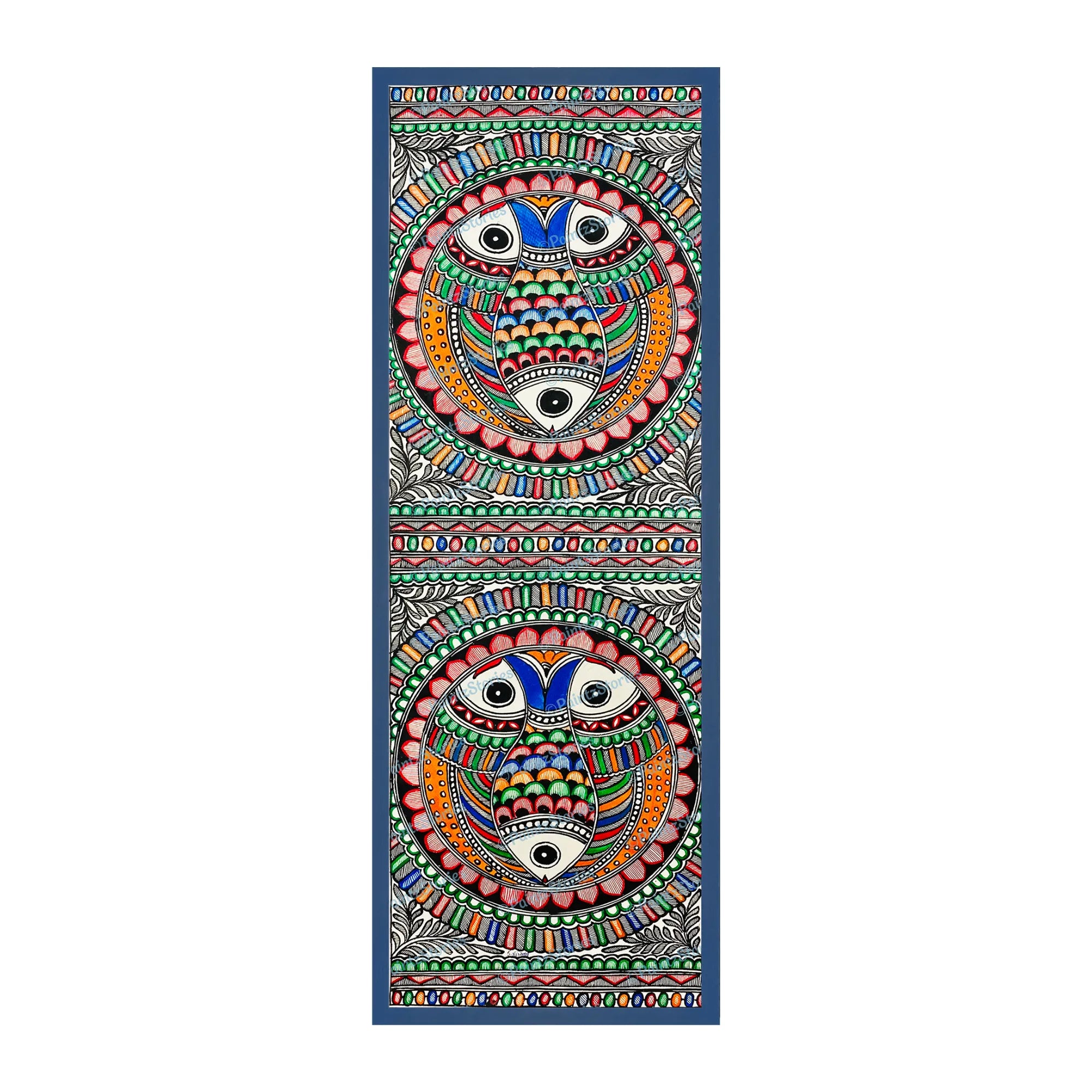 Madhubani painting Circular Fishes, handmade Mithila art wall decor, size 30 x 11 inch
