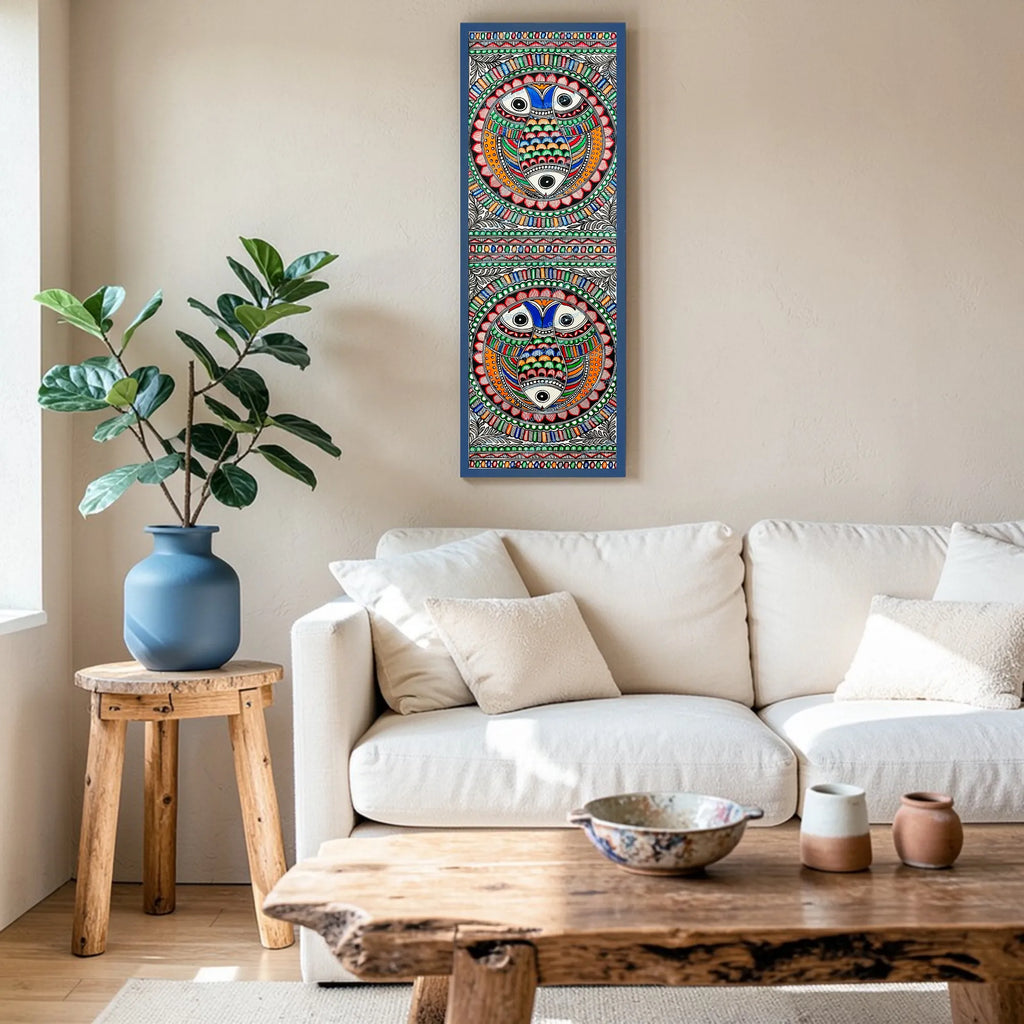 Circular Fishes artwork above sofa