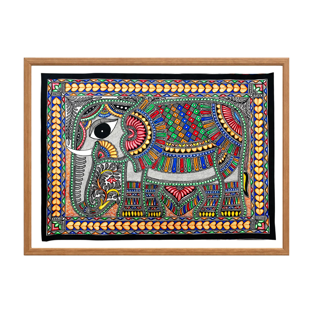 Madhubani painting Decorated Elephant, handmade Mithila art wall decor, size 30 x 22 inch
