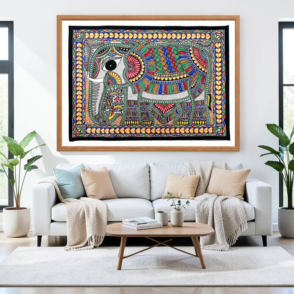 Decorated Elephant artwork above sofa