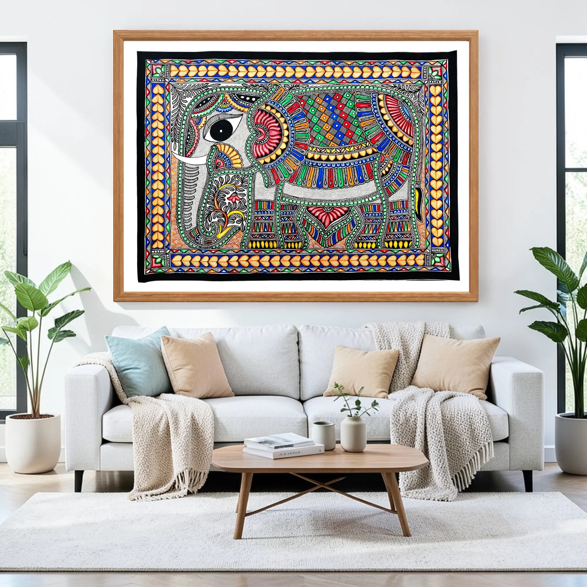 Decorated Elephant artwork above sofa