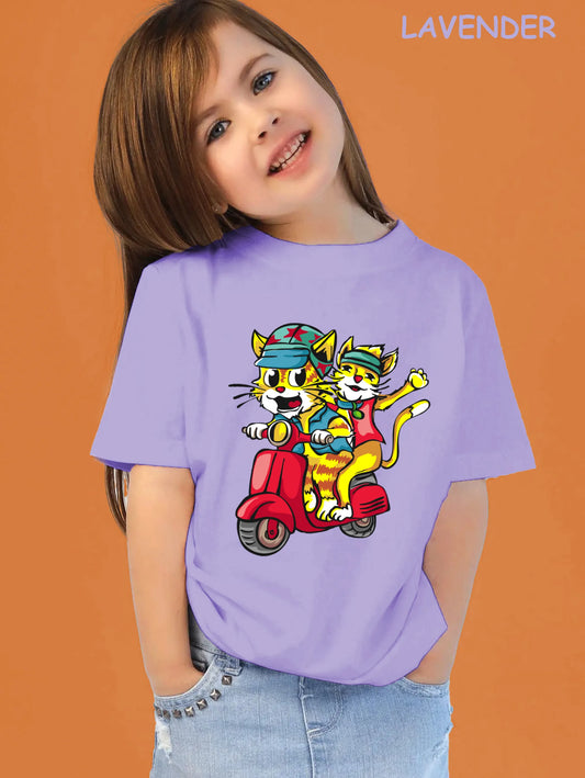 "Trendy Cats: Doodle Illustration of Joyful Vespa Ride Along the Coastline" Unisex Regular Kid's T-Shirt