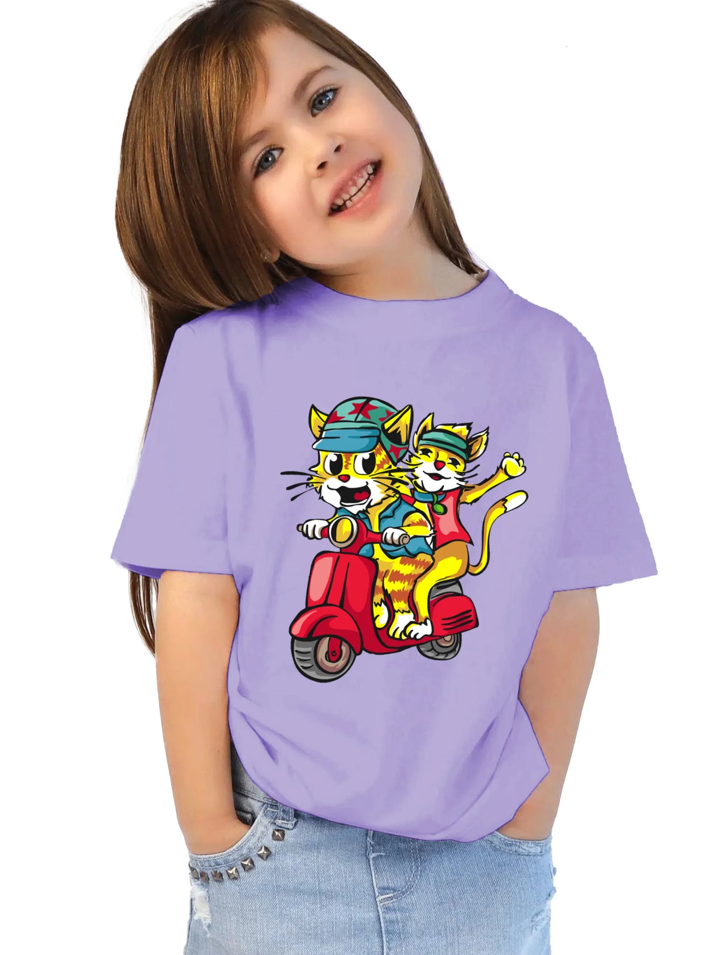 "Trendy Cats: Doodle Illustration of Joyful Vespa Ride Along the Coastline" Unisex Regular Kid's T-Shirt