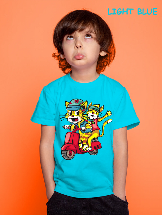 "Trendy Cats: Doodle Illustration of Joyful Vespa Ride Along the Coastline" Unisex Regular Kid's T-Shirt