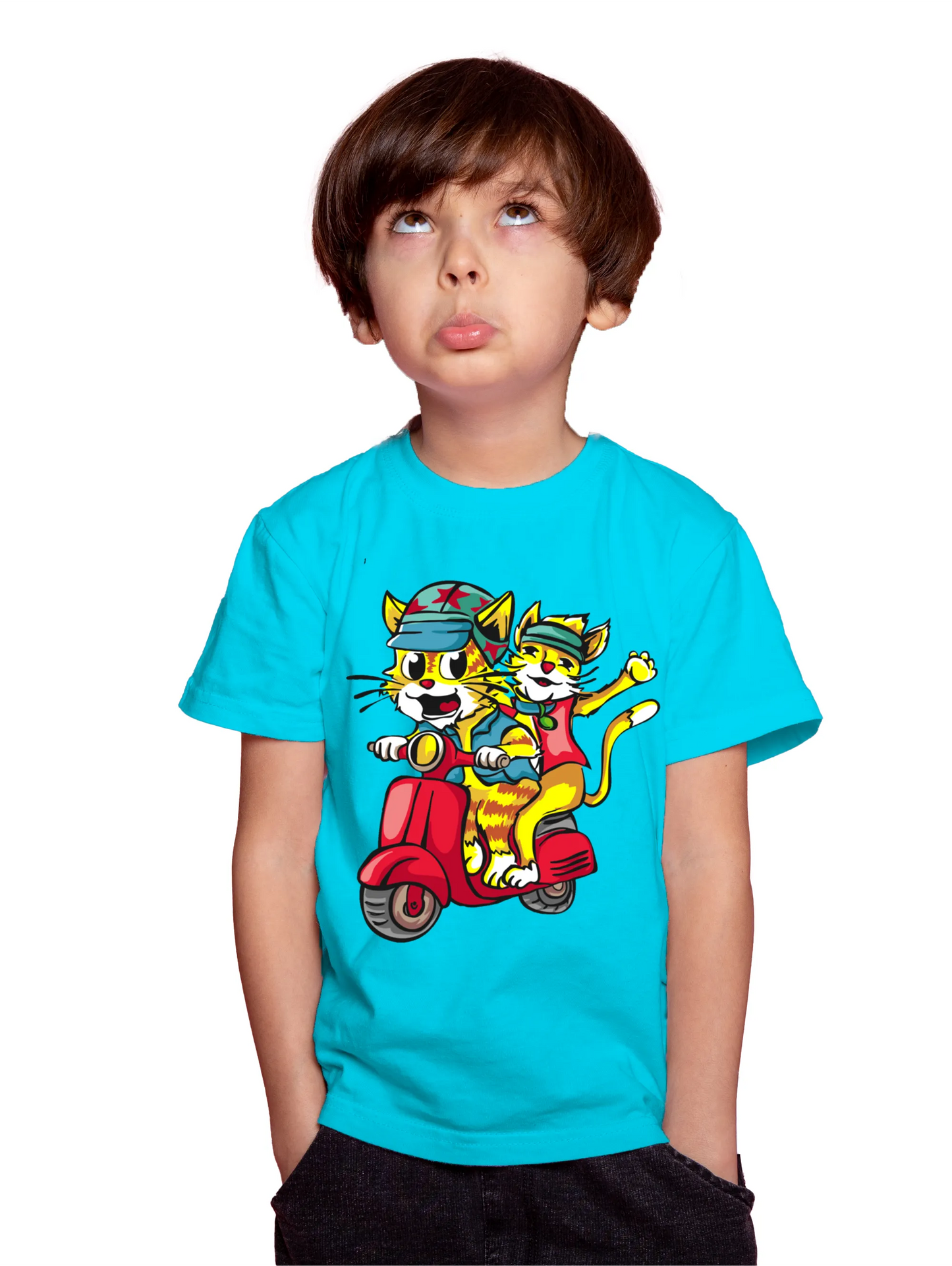 "Trendy Cats: Doodle Illustration of Joyful Vespa Ride Along the Coastline" Unisex Regular Kid's T-Shirt