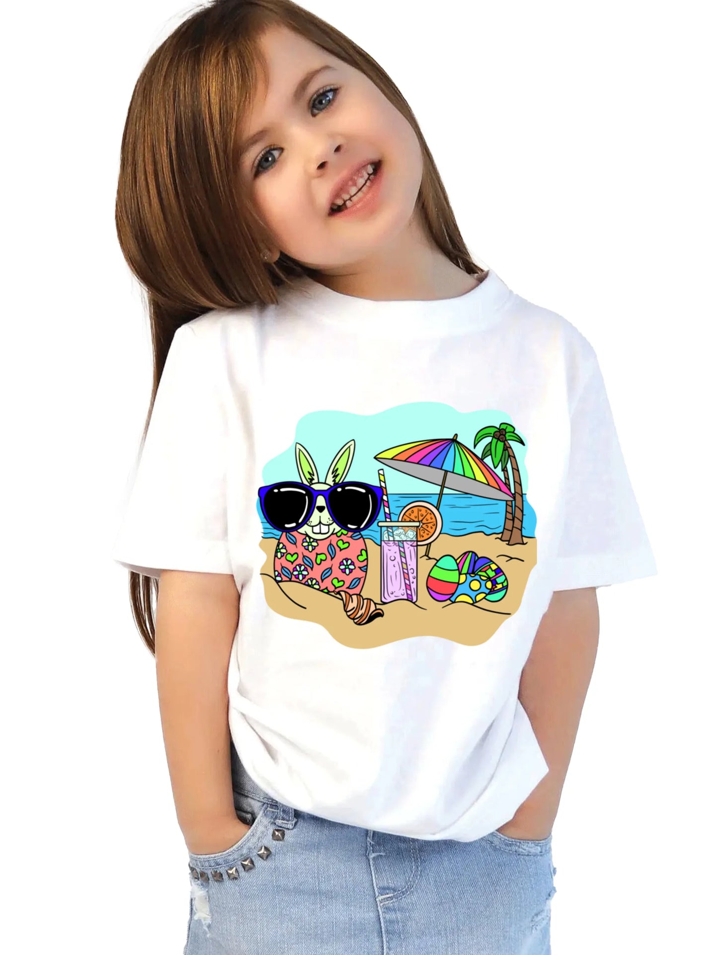 "Beach Rabbit With Easter Eggs" Unisex Regular Kid's T-Shirt