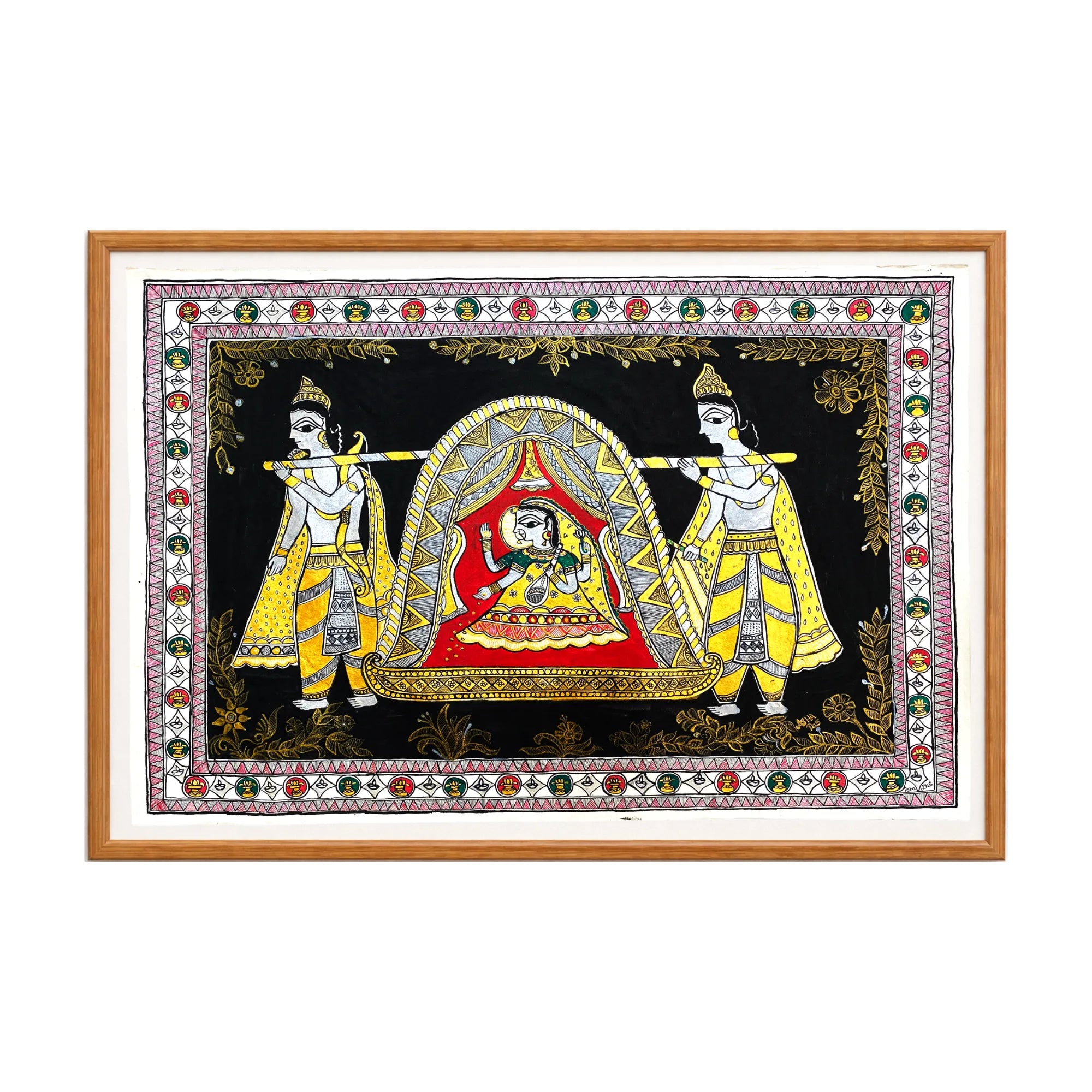 Madhubani painting Doli Kahar, handmade Mithila art wall decor, size 30 x 22 inch
