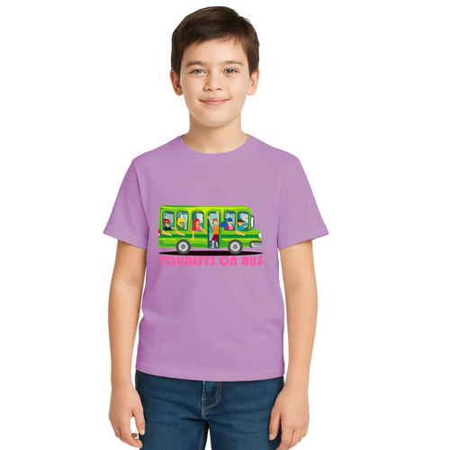 Main view of PaintzStories artistic kids t-shirt featuring Beach Bound artwork with colourful illustration, premium cotton comfort, colourful kids wear, and gift for young artists.