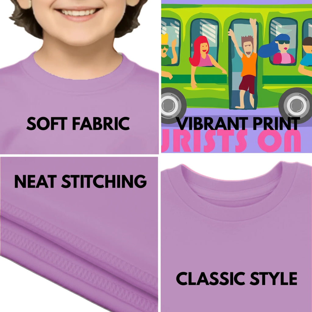 Feature highlights of PaintzStories artistic kids t-shirt featuring Beach Bound artwork with colourful illustration, premium cotton comfort, artist tees, and gift for young artists.