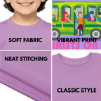 Feature highlights of PaintzStories artistic kids t-shirt featuring Beach Bound artwork with colourful illustration, premium cotton comfort, artist tees, and gift for young artists.