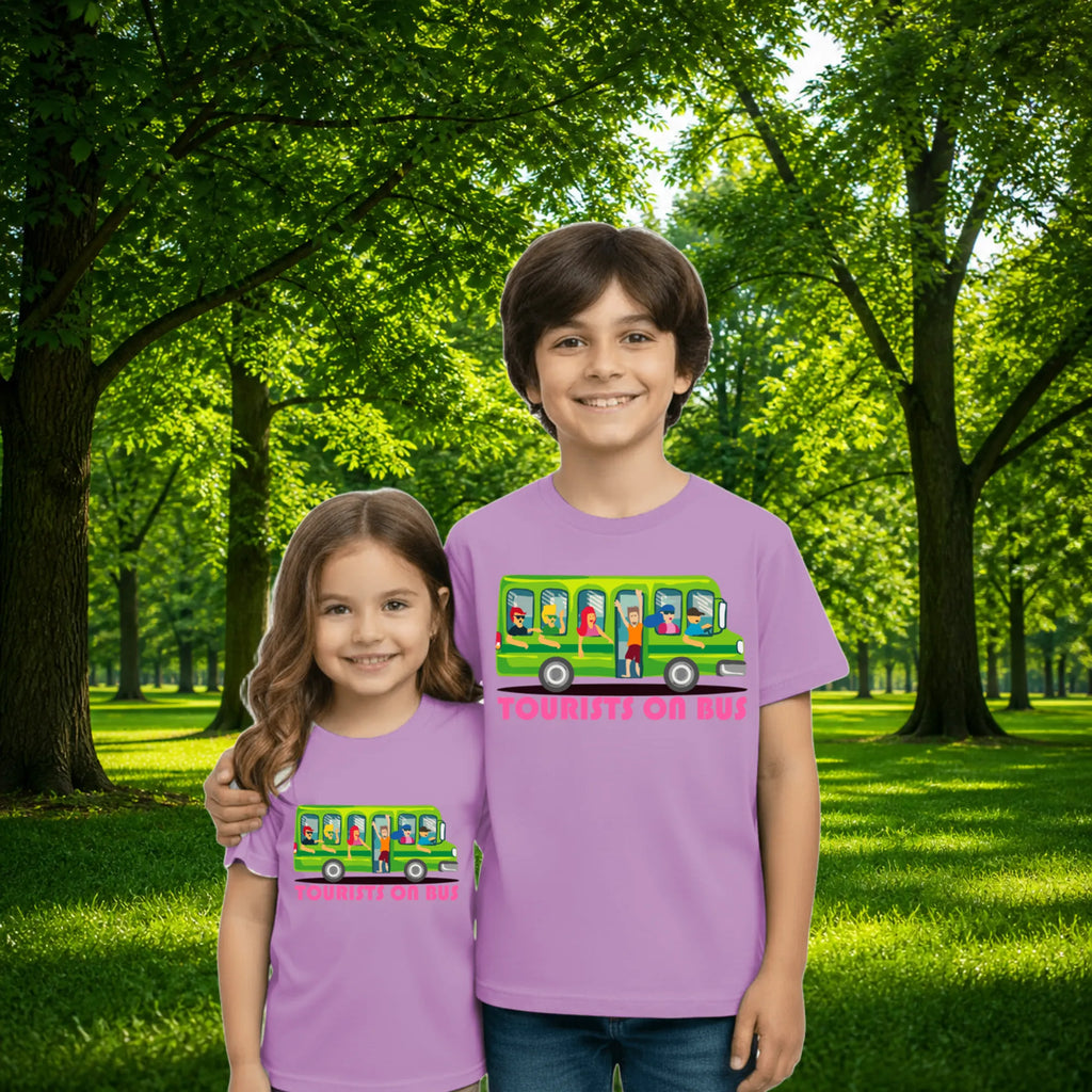 Sibling styling view of PaintzStories artistic kids t-shirt featuring Beach Bound artwork with colourful illustration, premium cotton comfort, designer kids tshirt, and gift for young artists.