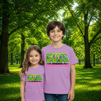Sibling styling view of PaintzStories artistic kids t-shirt featuring Beach Bound artwork with colourful illustration, premium cotton comfort, designer kids tshirt, and gift for young artists.