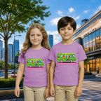 Lifestyle image of PaintzStories artistic kids t-shirt featuring Beach Bound artwork with colourful illustration, premium cotton comfort, gift for young artists, and unisex cotton tshirt.