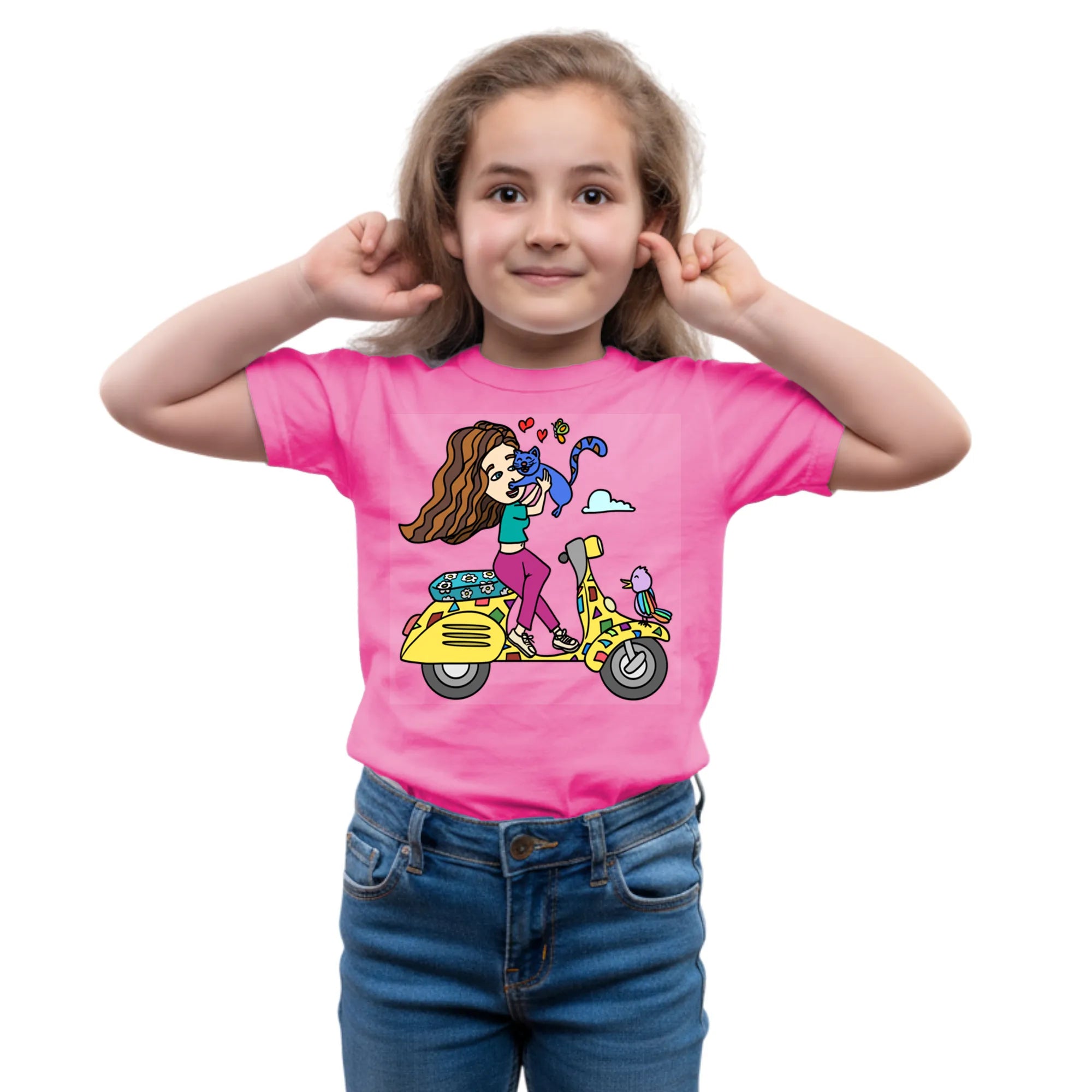 Main view of PaintzStories artistic kids t-shirt featuring A Girl on Scooter artwork with colourful illustration, premium cotton comfort, unisex cotton tshirt, and colourful kids wear.