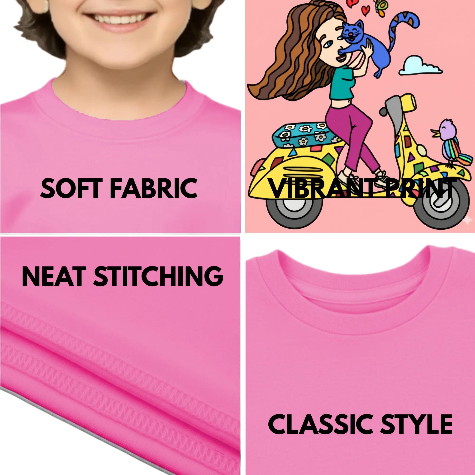Feature highlights of PaintzStories artistic kids t-shirt featuring A Girl on Scooter artwork with colourful illustration, premium cotton comfort, unisex cotton tshirt, and gift for young artists.