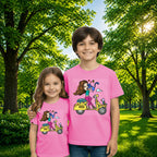 Sibling styling view of PaintzStories artistic kids t-shirt featuring A Girl on Scooter artwork with colourful illustration, premium cotton comfort, gift for young artists, and creative kids fashion.