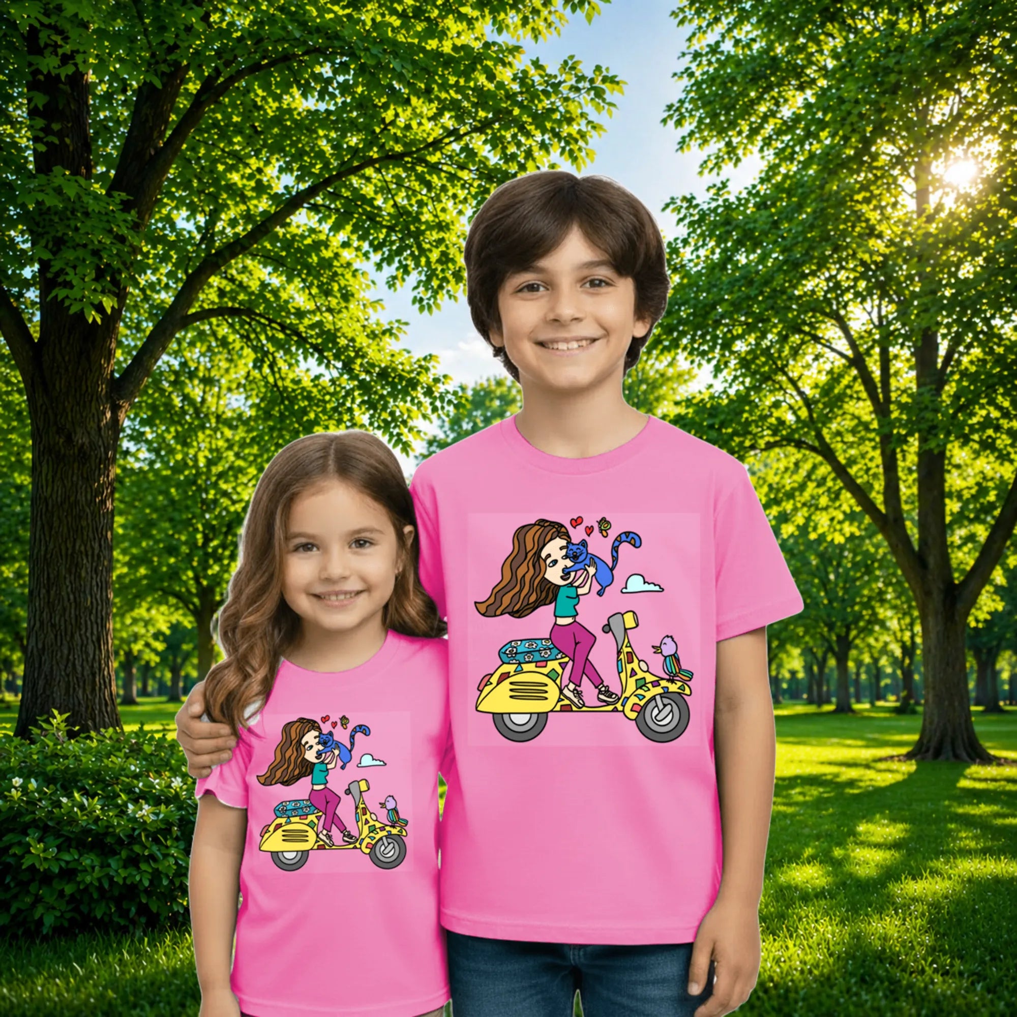 Sibling styling view of PaintzStories artistic kids t-shirt featuring A Girl on Scooter artwork with colourful illustration, premium cotton comfort, gift for young artists, and creative kids fashion.