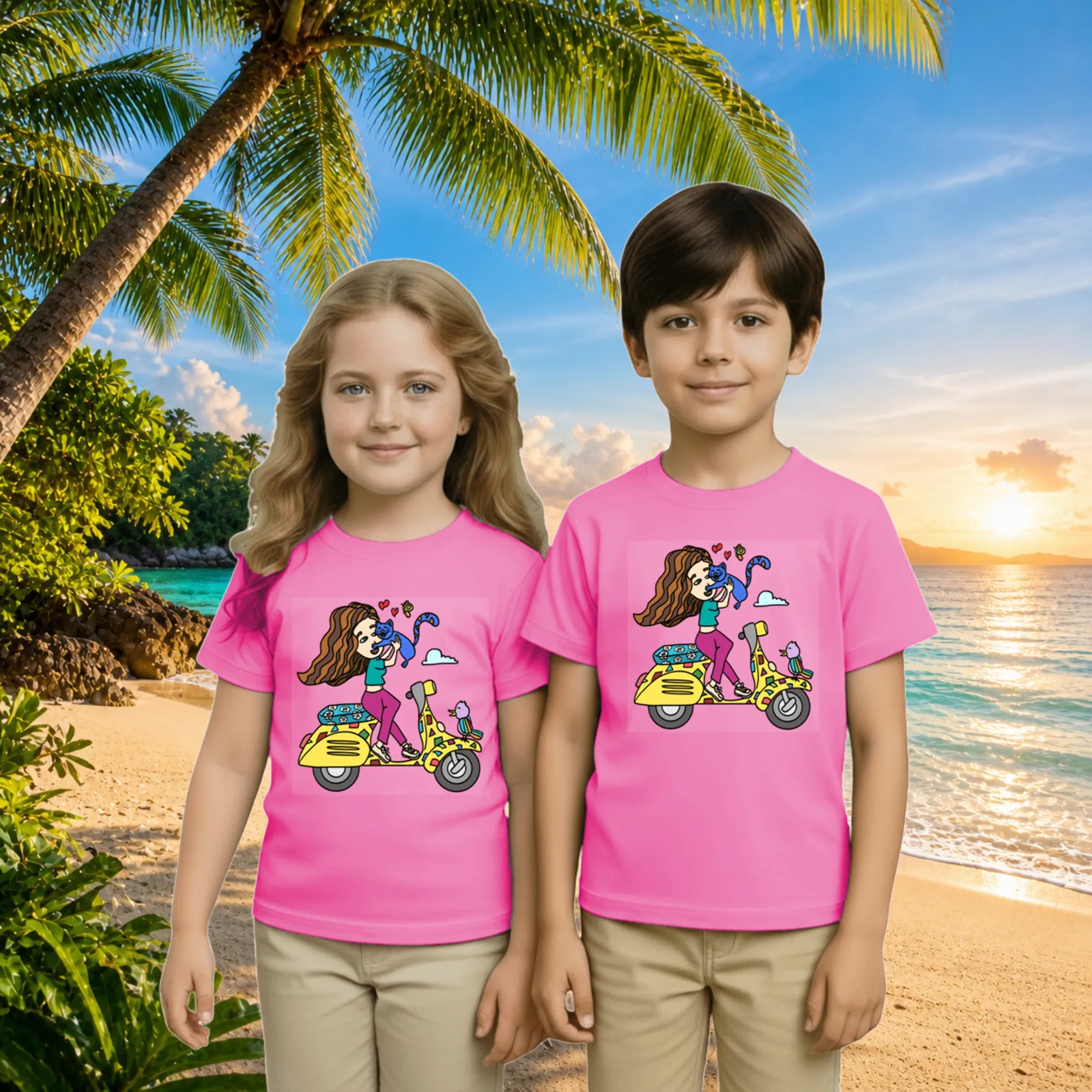 Lifestyle image of PaintzStories artistic kids t-shirt featuring A Girl on Scooter artwork with colourful illustration, premium cotton comfort, designer kids tshirt, and kids artistic t-shirt.