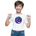 Main view of PaintzStories artistic kids t-shirt featuring A Group of Four Unique Whales artwork with colourful illustration, premium cotton comfort, gift for young artists, and art tee shirt.
