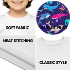Feature highlights of PaintzStories artistic kids t-shirt featuring A Group of Four Unique Whales artwork with colourful illustration, premium cotton comfort, gift for young artists, and birthday gift for kids.