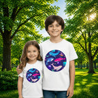 Sibling styling view of PaintzStories artistic kids t-shirt featuring A Group of Four Unique Whales artwork with colourful illustration, premium cotton comfort, artist tees, and creative kids fashion.