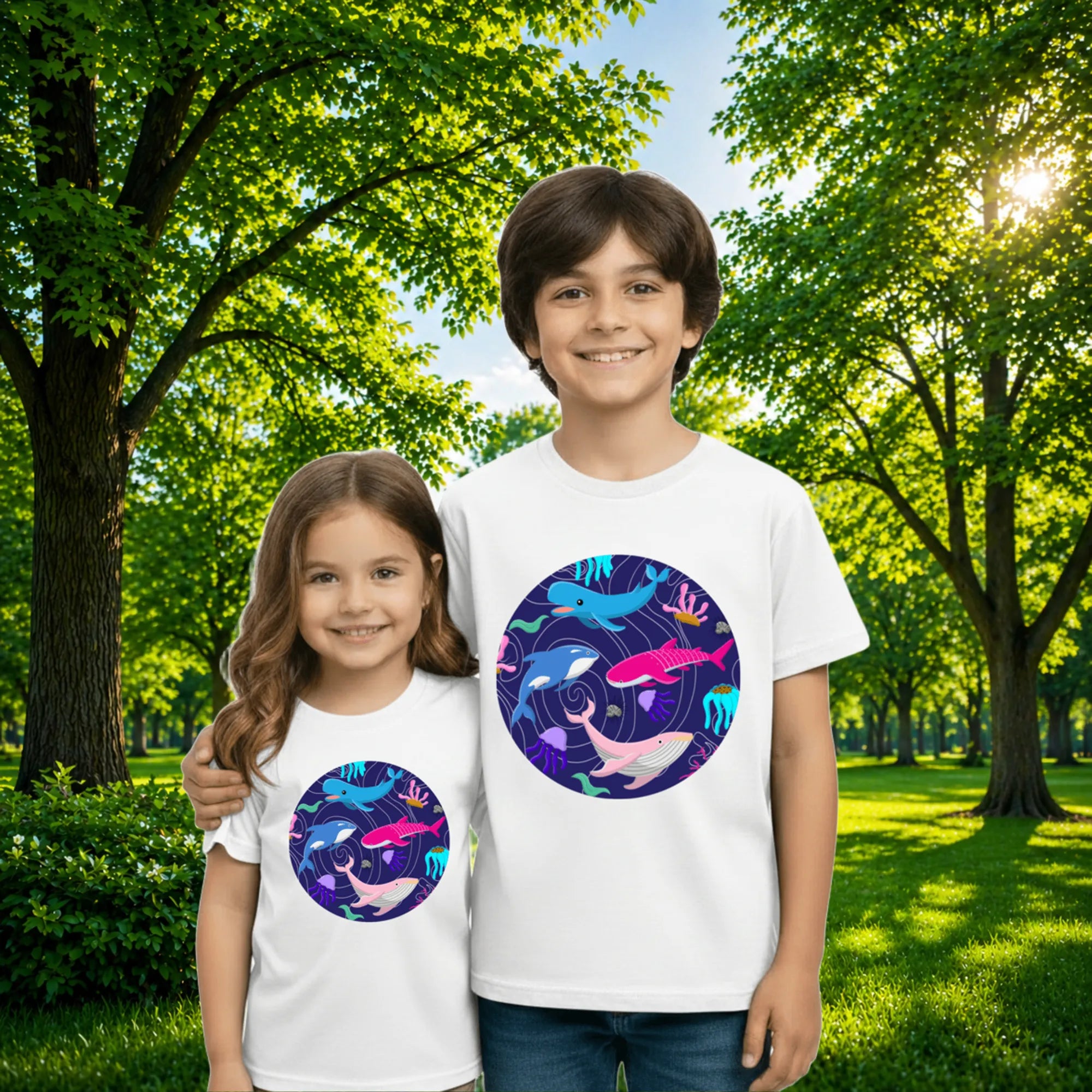 Sibling styling view of PaintzStories artistic kids t-shirt featuring A Group of Four Unique Whales artwork with colourful illustration, premium cotton comfort, artist tees, and creative kids fashion.