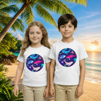 Lifestyle image of PaintzStories artistic kids t-shirt featuring A Group of Four Unique Whales artwork with colourful illustration, premium cotton comfort, gift for young artists, and artist tees.