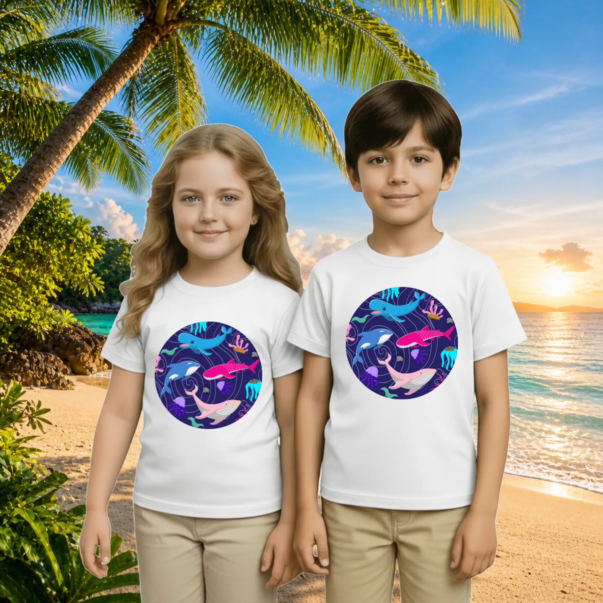 Lifestyle image of PaintzStories artistic kids t-shirt featuring A Group of Four Unique Whales artwork with colourful illustration, premium cotton comfort, gift for young artists, and artist tees.
