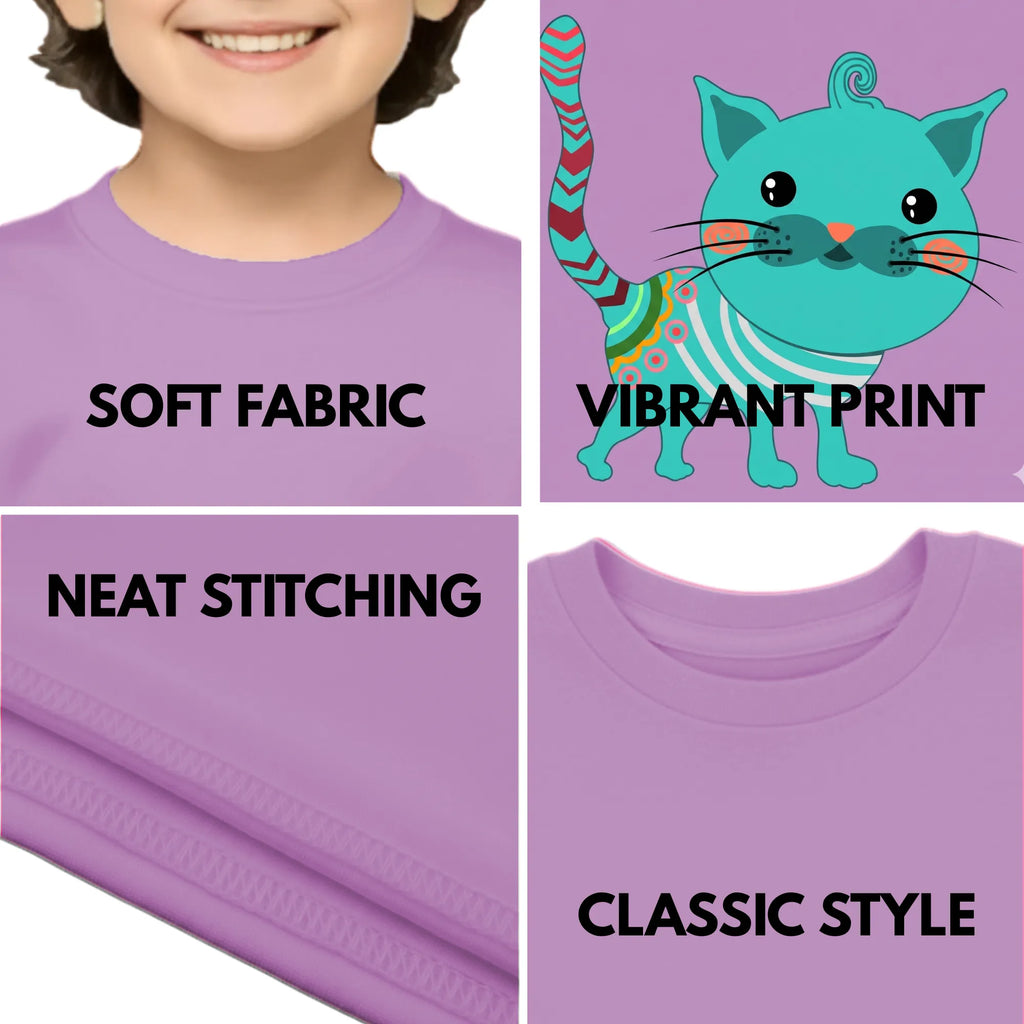 Feature highlights of PaintzStories artistic kids t-shirt featuring An Adorned Cat artwork with colourful illustration, premium cotton comfort, kids artistic t-shirt, and birthday gift for kids.
