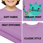 Feature highlights of PaintzStories artistic kids t-shirt featuring An Adorned Cat artwork with colourful illustration, premium cotton comfort, kids artistic t-shirt, and birthday gift for kids.