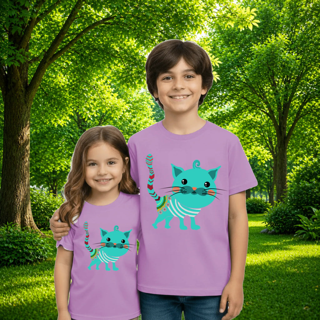 Sibling styling view of PaintzStories artistic kids t-shirt featuring An Adorned Cat artwork with colourful illustration, premium cotton comfort, gift for young artists, and creative kids fashion.
