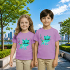 Lifestyle image of PaintzStories artistic kids t-shirt featuring An Adorned Cat artwork with colourful illustration, premium cotton comfort, birthday gift for kids, and artist tees.
