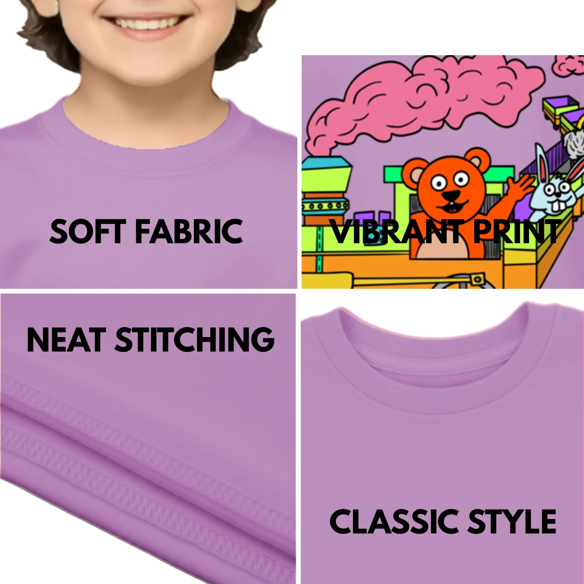 Feature highlights of PaintzStories artistic kids t-shirt featuring Train with Animals artwork with colourful illustration, premium cotton comfort, gift for young artists, and artist tees.