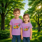 Sibling styling view of PaintzStories artistic kids t-shirt featuring Train with Animals artwork with colourful illustration, premium cotton comfort, designer kids tshirt, and unisex cotton tshirt.