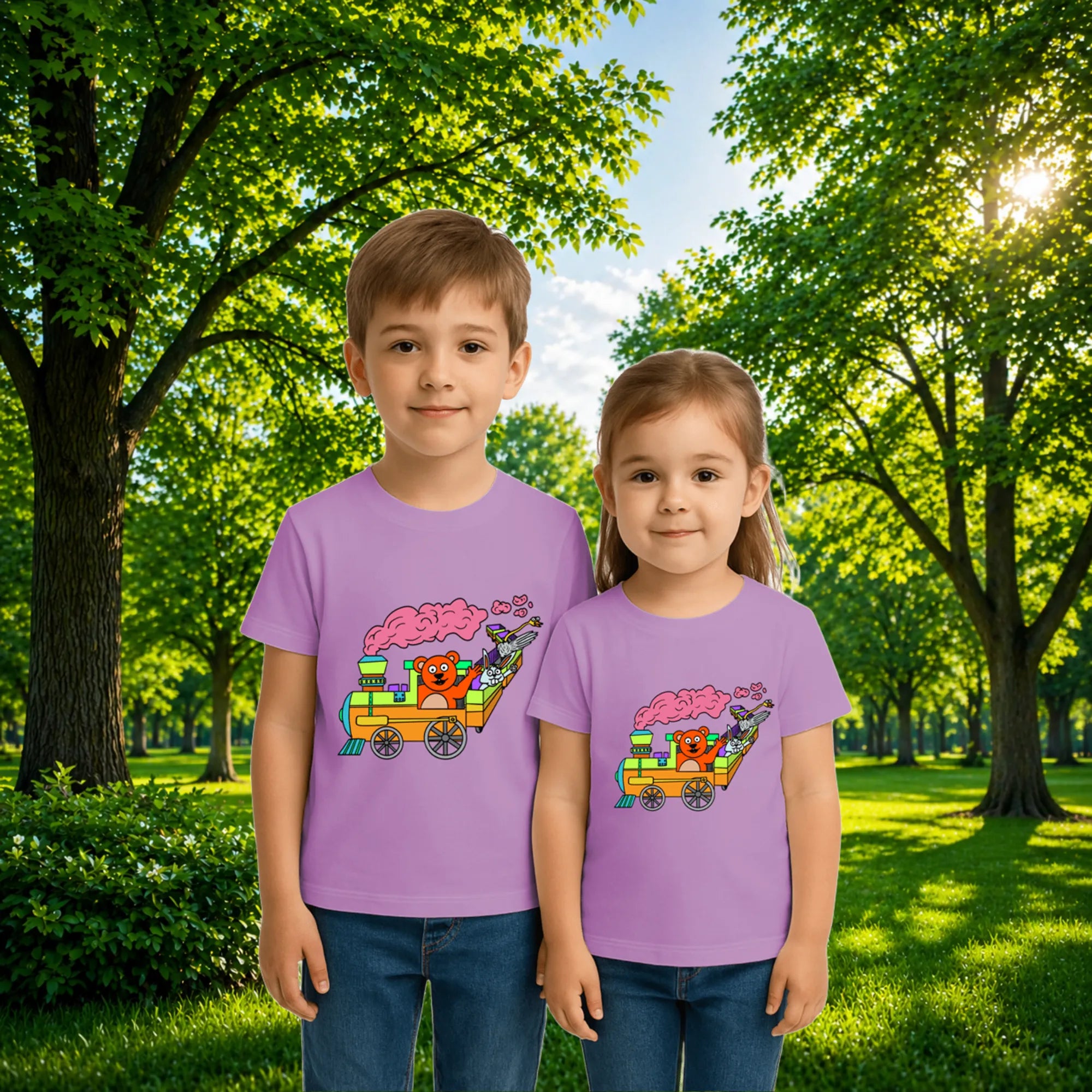 Sibling styling view of PaintzStories artistic kids t-shirt featuring Train with Animals artwork with colourful illustration, premium cotton comfort, designer kids tshirt, and unisex cotton tshirt.
