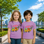 Lifestyle image of PaintzStories artistic kids t-shirt featuring Train with Animals artwork with colourful illustration, premium cotton comfort, art tee shirt, and colourful kids wear.