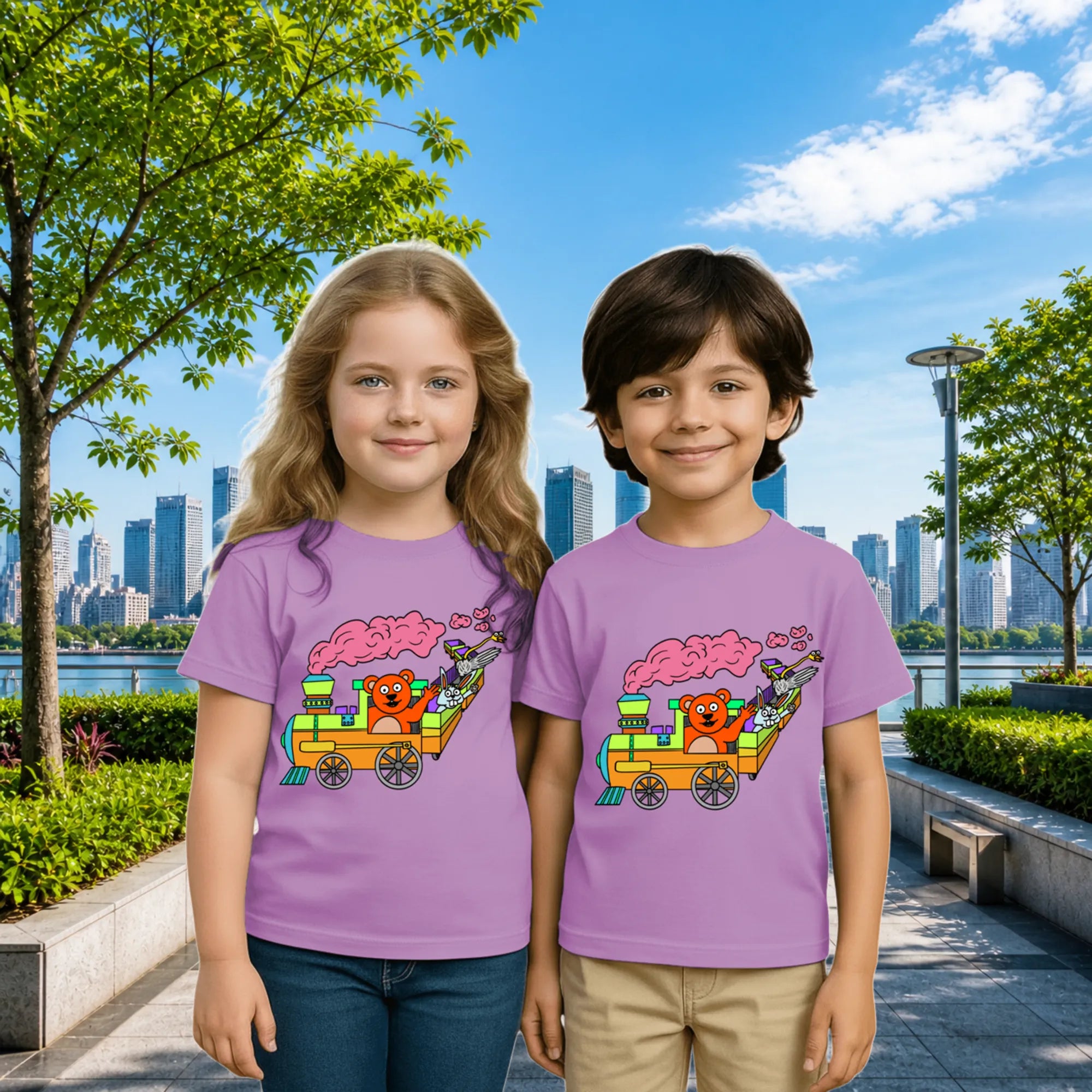 Lifestyle image of PaintzStories artistic kids t-shirt featuring Train with Animals artwork with colourful illustration, premium cotton comfort, art tee shirt, and colourful kids wear.