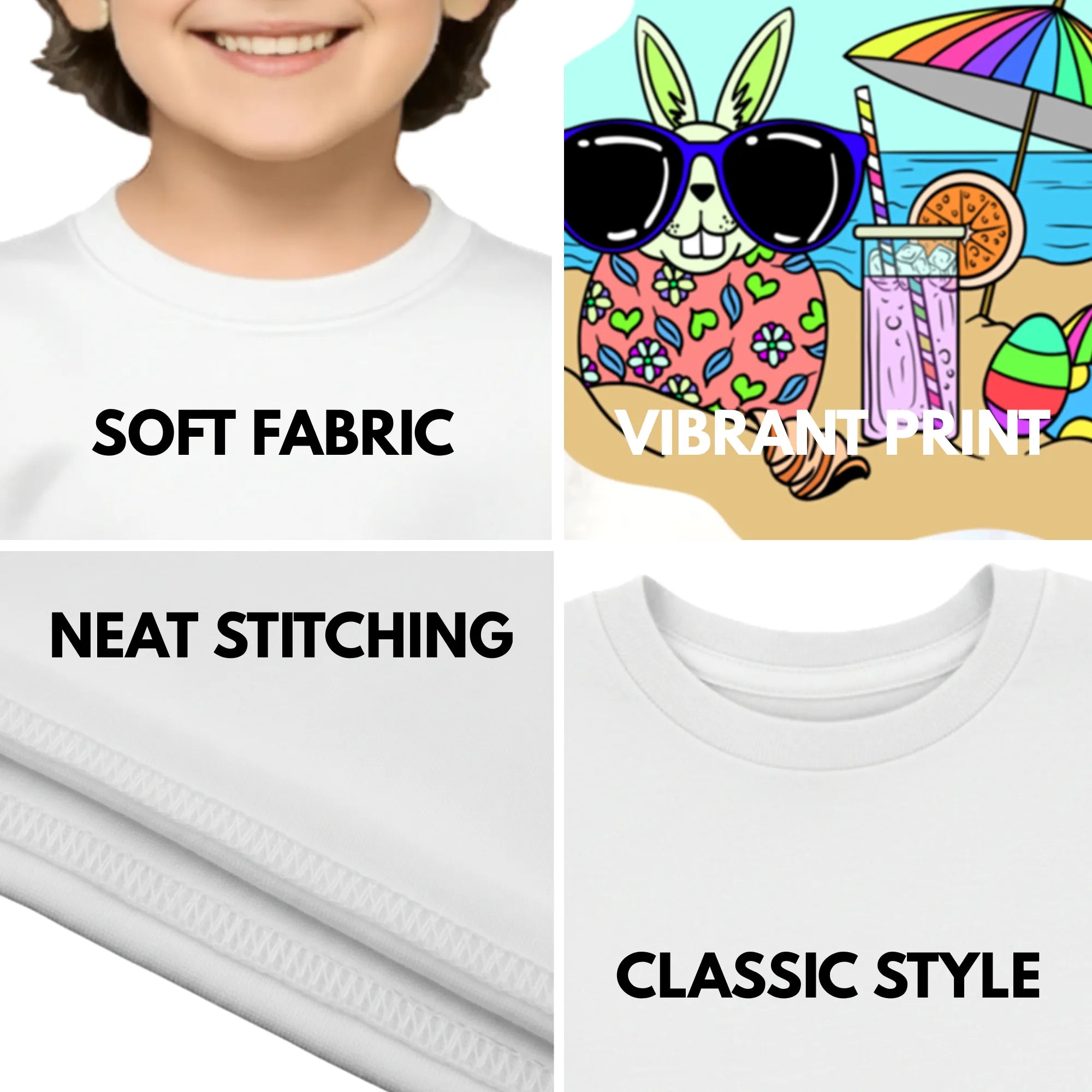 Feature highlights of PaintzStories artistic kids t-shirt featuring Beach Rabbit With Easter Eggs artwork with colourful illustration, premium cotton comfort, art tee shirt, and unisex cotton tshirt.
