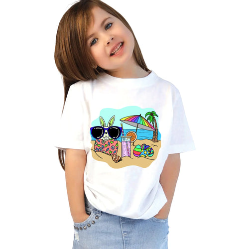 Main view of PaintzStories artistic kids t-shirt featuring Beach Rabbit With Easter Eggs artwork with colourful illustration, premium cotton comfort, artist tees, and gift for young artists.